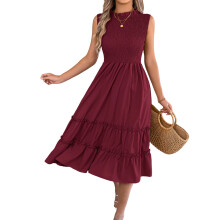 Women's casual sleeveless gathered waist ruffled-Burgundy XL