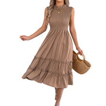 Women's casual sleeveless gathered waist ruffled full-Khaki M
