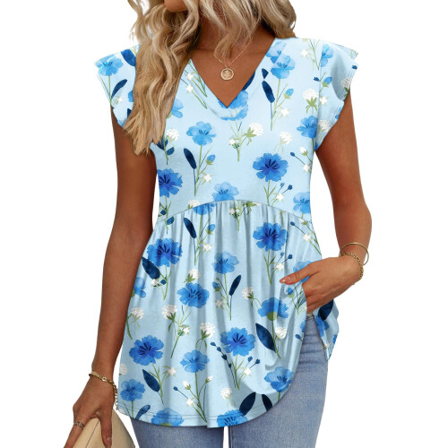 Women's  Blouses, with Ruffle Sleeves, Spring-Sky Blue M