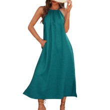 women's linen dress, casual sleeveless loose dress-Green S