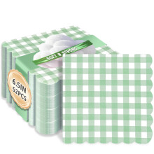 Sage Green Gingham Paper Napkins 52 Pack, Scalloped Edge Disposable 13x13 inch Dinner Napkins for Wedding Baby Shower Party