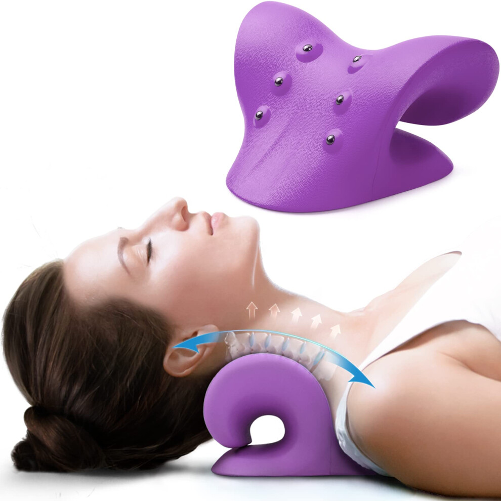 Purple Neck Stretcher For Pain Relief With Magnetic Therapy Massage, Ergonomic Cervical Traction Pillow (Purple)