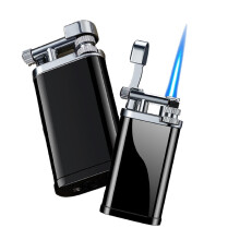 Butane Torch Lighter Black, Windproof Refillable Jet Flame with Visible Fuel Window for Outdoor Camping