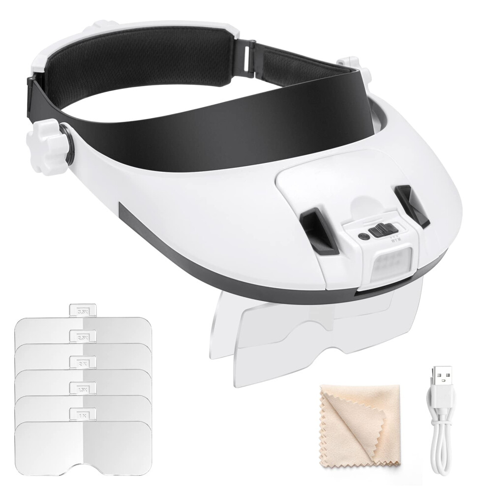 Rechargeable Headband Magnifier with 8 LED Lights and 5 Lenses, Hands Magnifying Glass for Close Work
