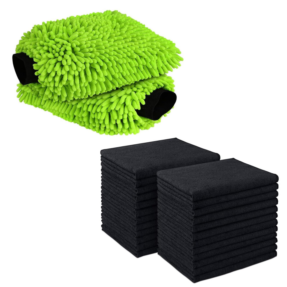 Microfiber Car Wash Mitt And Towel Set, Scratch Ultra Absorbent Car Cleaning Kit, 2 Mitts 24 Towels 9330225433491