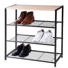 GEEZY 3 Tier Metal Shoe Rack with Wooden Seat Hallway Bench Storage Organiser Stand
