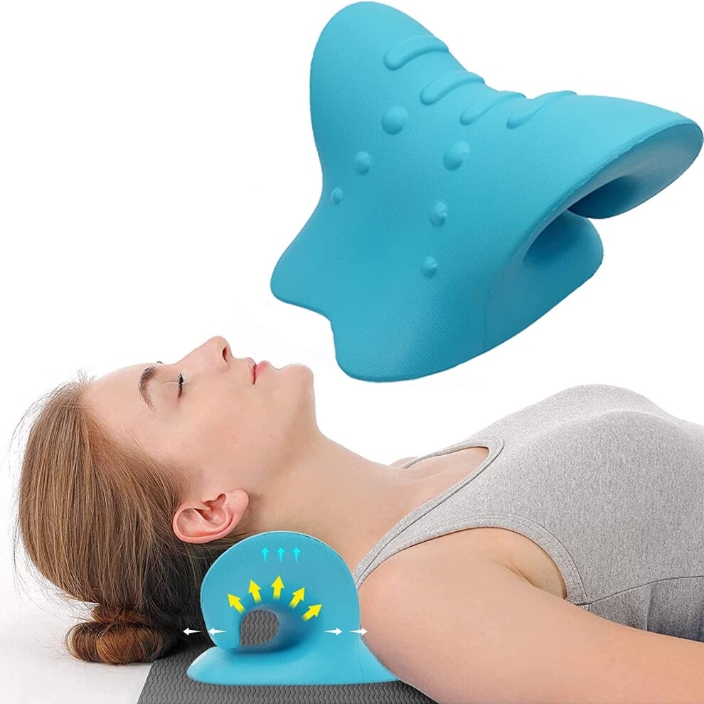 Blue Neck Traction Pillow For Tmj Pain Relief, Ergonomic Cervical Spine Alignment Device With Acupressure Massage And Dual Traction Levels,