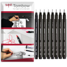 Tombow Mono Drawing Pen Fineliner 0.05-0.8mm Black Pack of 8