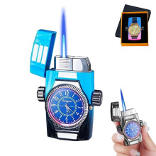 Windproof Butane Torch Watch Dial Lighter for Men, Dual Function Zinc Alloy Blue Flame Outdoor Gift