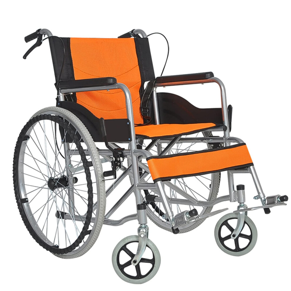 Orange Lightweight Manual Wheelchair For Elderly, Foldable Compact Design, Steel Frame, Solid Pu Tires,