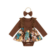 (3-6 Months, Coffee) Combinaison d'automne pour bébé fille, manches longues, col rond, imprimé floral, avec bandeau assorti