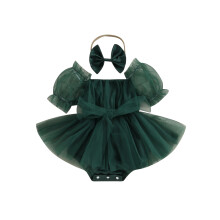 (12-18 Months, Green) Combinaison d'été décontractée pour bébé fille, manches courtes, nœud papillon, tulle, bandeau inclus.