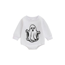 (6-12 Months, White) Combinaisons et sweats Halloween pour bébés, imprimé fantôme, bodies d'automne à manches longues.