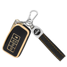 Key Fob Cover 4 Button Soft TPU Protector with Leather Keychain, Precise Fit for Lexus ES RX NX GX LS UX LX RC LC, Black