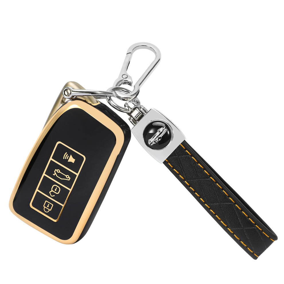 Key Fob Cover 4 Button Soft Tpu Protector With Leather Keychain, Precise Fit For Lexus Es Rx Nx Gx Ls Ux Lx Rc Lc, Black 9771547954347