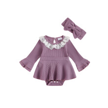 (9-12 Months, Purple) Ensemble 2 pièces pour bébé fille : barboteuse à manches longues, dentelle, bandeau à nœud, tenue adorable