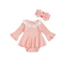 (0-3 Months, Pink) Ensemble 2 pièces pour bébé fille : barboteuse à manches longues, dentelle, bandeau à nœud, tenue adorable