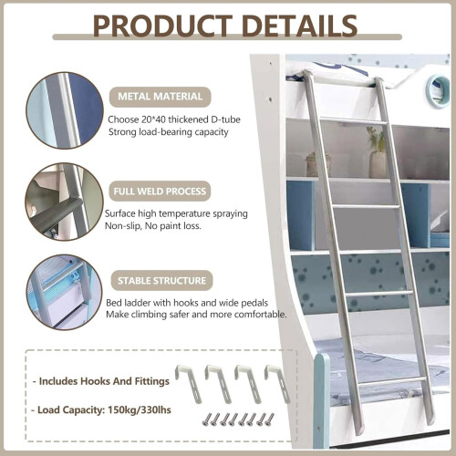 Removable Metal Loft and Bunk Bed Ladder 130cm with Adjustable Hooks and Durable Frame 2