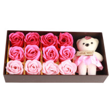 Pink Rose Soap Flower with Plush Bear Romantic Valentines Gift Keepsake Box