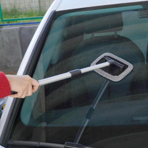 Car Windshield Cleaning Tool with Extendable LongReach Handle and Reusable Microfiber Cloth for Streak Windows