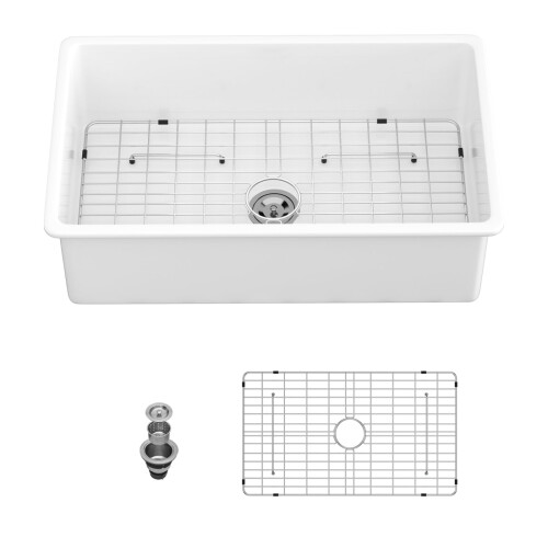White Rectangular Deep Single Bowl Ceramic Kitchen Sink, Dual Mount Farmhouse Style, Easy Clean Surface