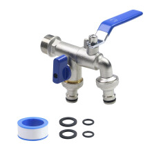 Brass Garden Hose Splitter with Dual Outlet and Independent Flow Control, Wall Mounted Frost Proof Outdoor Faucet (Blue)