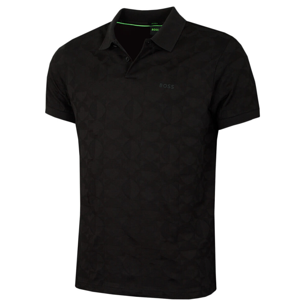New Hugo Boss Men's Pirax Striped Cotton Relaxed Fit Two Button Golf Polo Shirt Black