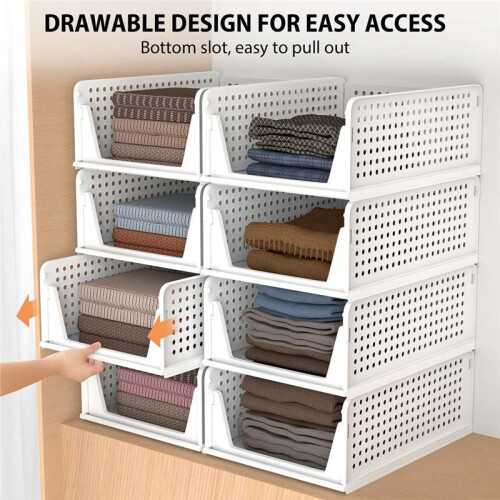 4 Pack Wardrobe Storage Organiser Stackable Plastic Storage Basket Cupboard Organiser Folding Storage Boxes for Bedroom 1
