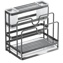 Kitchen Storage Shelf MultiFunction Kitchen Stand Holder Sink Storage Rack Steel Soap Holder Towel Rack Grey