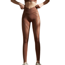 Women's V Crossover High Waist Mesh Striped Leggings-Coffee M