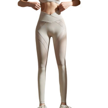 Women's V Crossover High Waist Mesh Striped-sand gray M