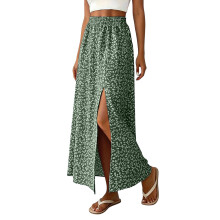 Women's Bohemian Floral Maxi Skirt with Slit, Long-Green XXL