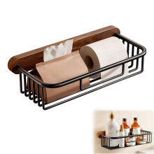 Wall Mounted Bathroom Shelf with Toilet Paper Holder, Walnut Wood and Aluminum, NoDrill SpaceSaving Organizer