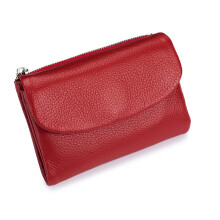 Slim RFID Leather Wallet for Men and Women, Pebble Grain Leather Bifold with Coin Pocket and Dual Zippers