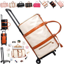 Travel Duffle Bag with Wheels, Waterproof PU Leather Foldable Garment Duffle, Large Capacity Beige 2.0