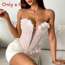 (Pink,Large)Embroidered Flower Lace Trim Bustier With Ribbon Closure For Trendy Streetwear