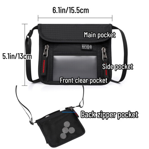 RFID Passport Holder Travel Wallet Organizer with RFID Blocking Security, Water Resistant Nylon, Adjustable Strap, Black 1