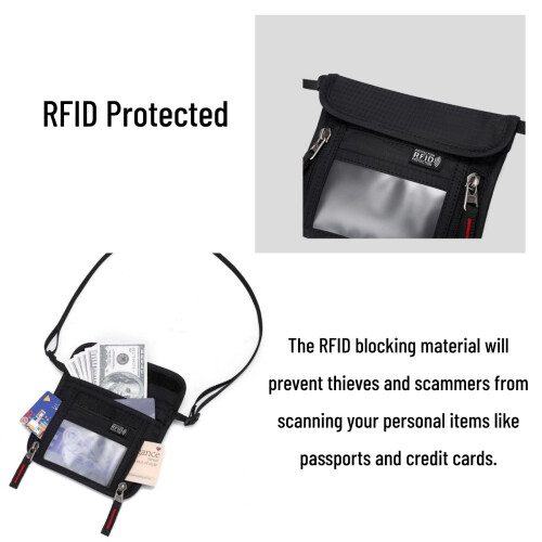RFID Passport Holder Travel Wallet Organizer with RFID Blocking Security, Water Resistant Nylon, Adjustable Strap, Black 2