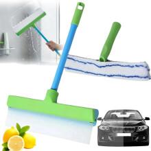 Window Squeegee and Cleaner, DualSided Silicone Blade with Sponge, Streak Glass and Mirror Cleaning Tool (Green)