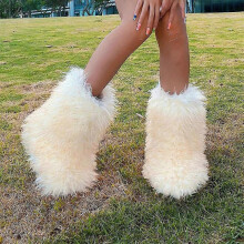 (SIZE 44, COLOR 1) Faux Fur Boots for Women Fuzzy Fluffy Furry Round Toe Suede Winter Boots Flat Shoes