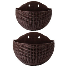 2 Pcs Rattan Hanging Flower Pots with Drainage Hole, Semicircle Wall Planters for Balcony Fence (Coffee)