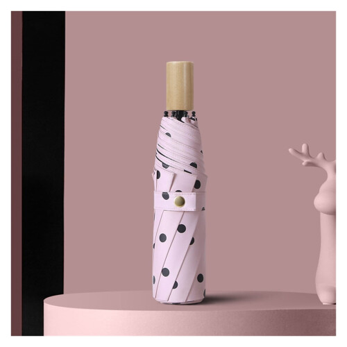Compact Travel Umbrella with Solid Wood Handle, Windproof Folding Design for Rain and Sun (B)