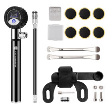 (Black)Kit de reparación de neumáticos Cyclist Essential con medidor digital y bomba de aluminio para viajes