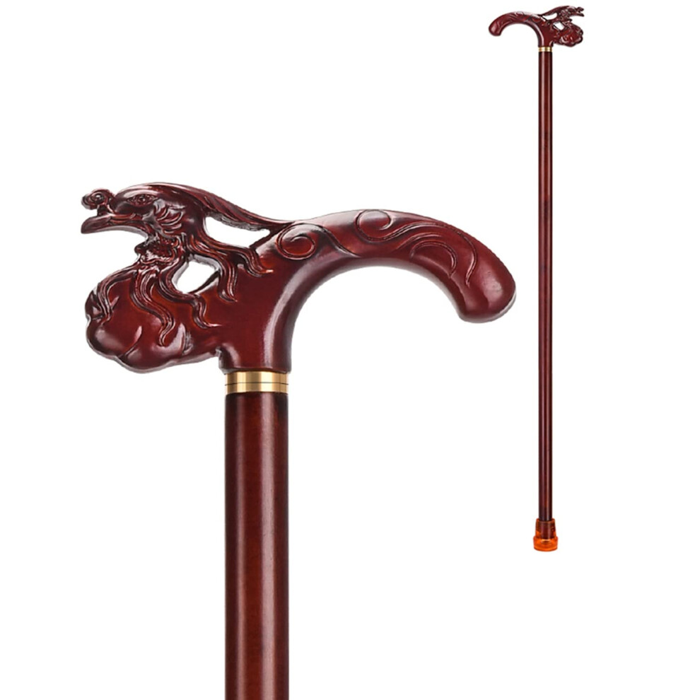 Wooden Walking Cane 90cm Handcarved Phoenix Design for Women, Handmade Solid Hardwood Stick Gift for Elderly