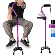 Quad Walking Cane for Seniors, Foldable Adjustable Aluminum Stick with Large Four Pronged Base, Self Standing Purple