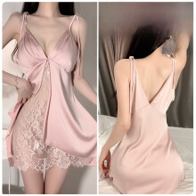 (LotusPinkSleepwear,XL)Satin Sleep Dress With Deep V Neck And Lace Trims For Women Home Relaxation