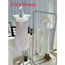 (PinkStripes,M)Ice Silk Women Summer Nightgown With Thin Fabric Short Style For Youth Relaxing
