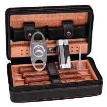 Cigar Humidor Box with Precise Humidity Control, Cedar Wood and Leather Travel Cigar Case, 4 Cigar Capacity