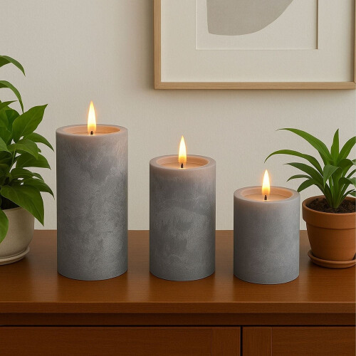LED Candles with Timer, Set of 3 - Concrete Style 1