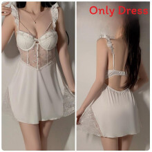 (WhiteSleepwear,M)Vestido para dormir satinado para mujer con aros de apoyo y tela transpirable para uso en el hogar y el salón